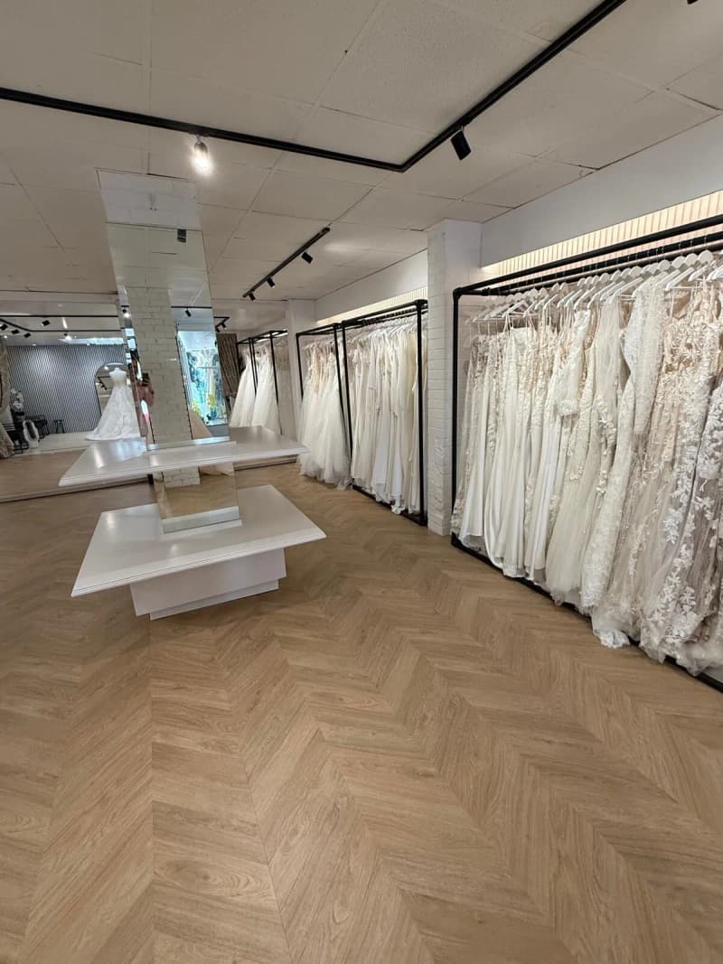 Wedding dresses on the rails beside the counter at Bridal by Brittany Ann, Cleveleys